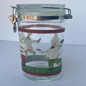 Fat Chef Canister Clear Glass Lock Hinged Vintage Oval Storage Jar Italian